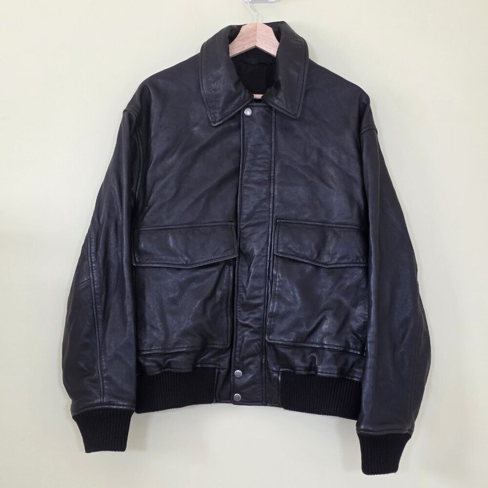 Zara Sheep Leather Bomber Jacket Mens XL Black Zip Pockets Grunge Lined Biker
